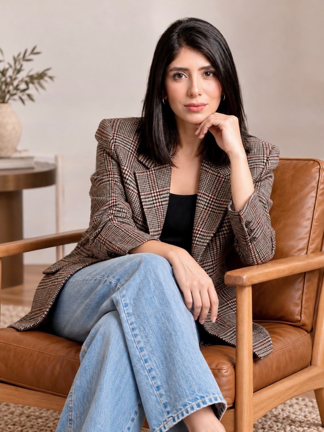 Dália Suruagy sentada numa poltrona, de blazer xadrez e calça jeans, olhando para a câmera
